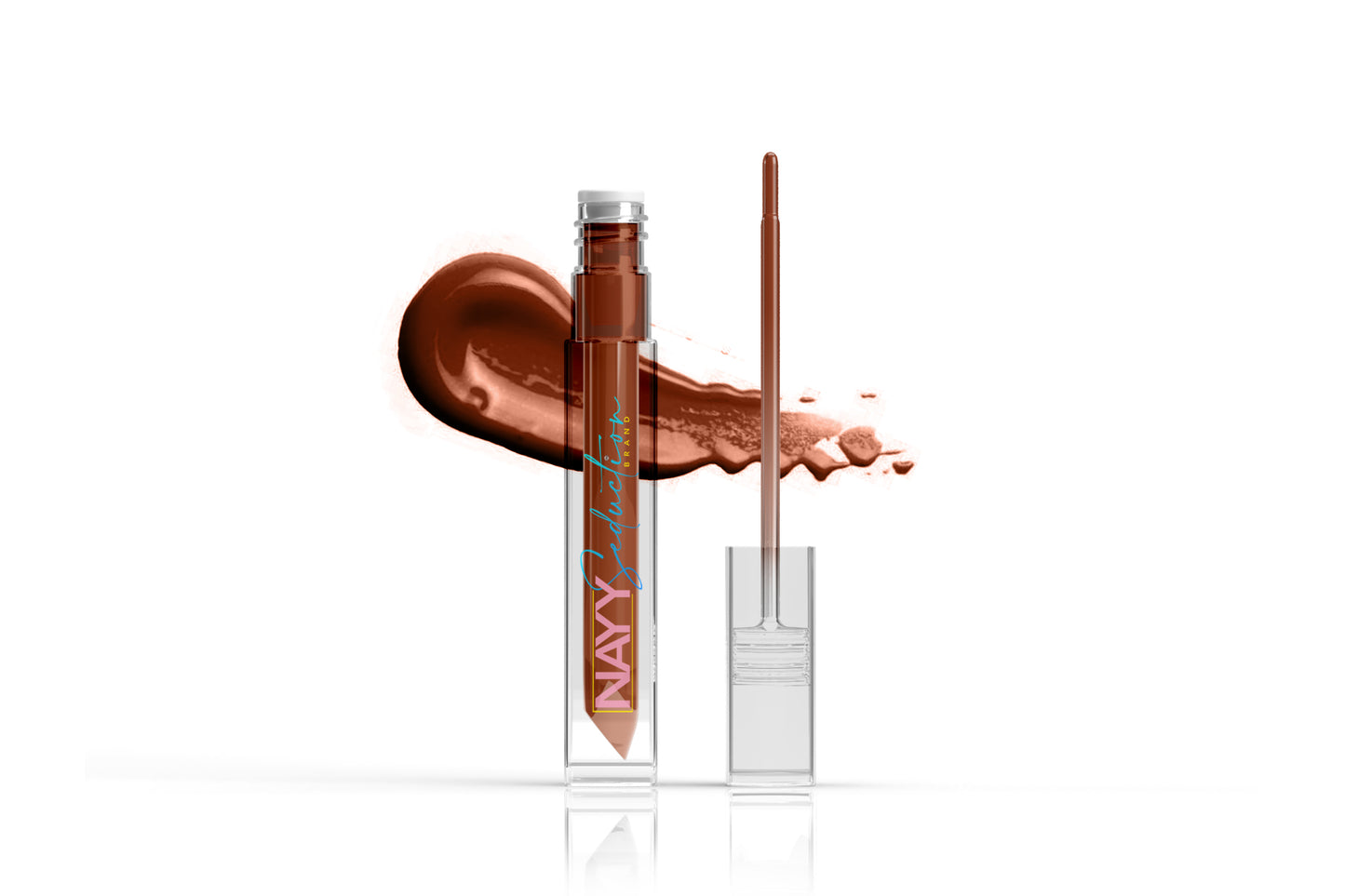 A tube of Lip Glaze with the label "NAVY" from Nayy Seduction Brand is shown against a white background. The Lip Glaze, boasting a vegan high-shine formula, is a rich brown color. The applicator wand is displayed next to the tube with a smear of the Lip Glaze behind both items.