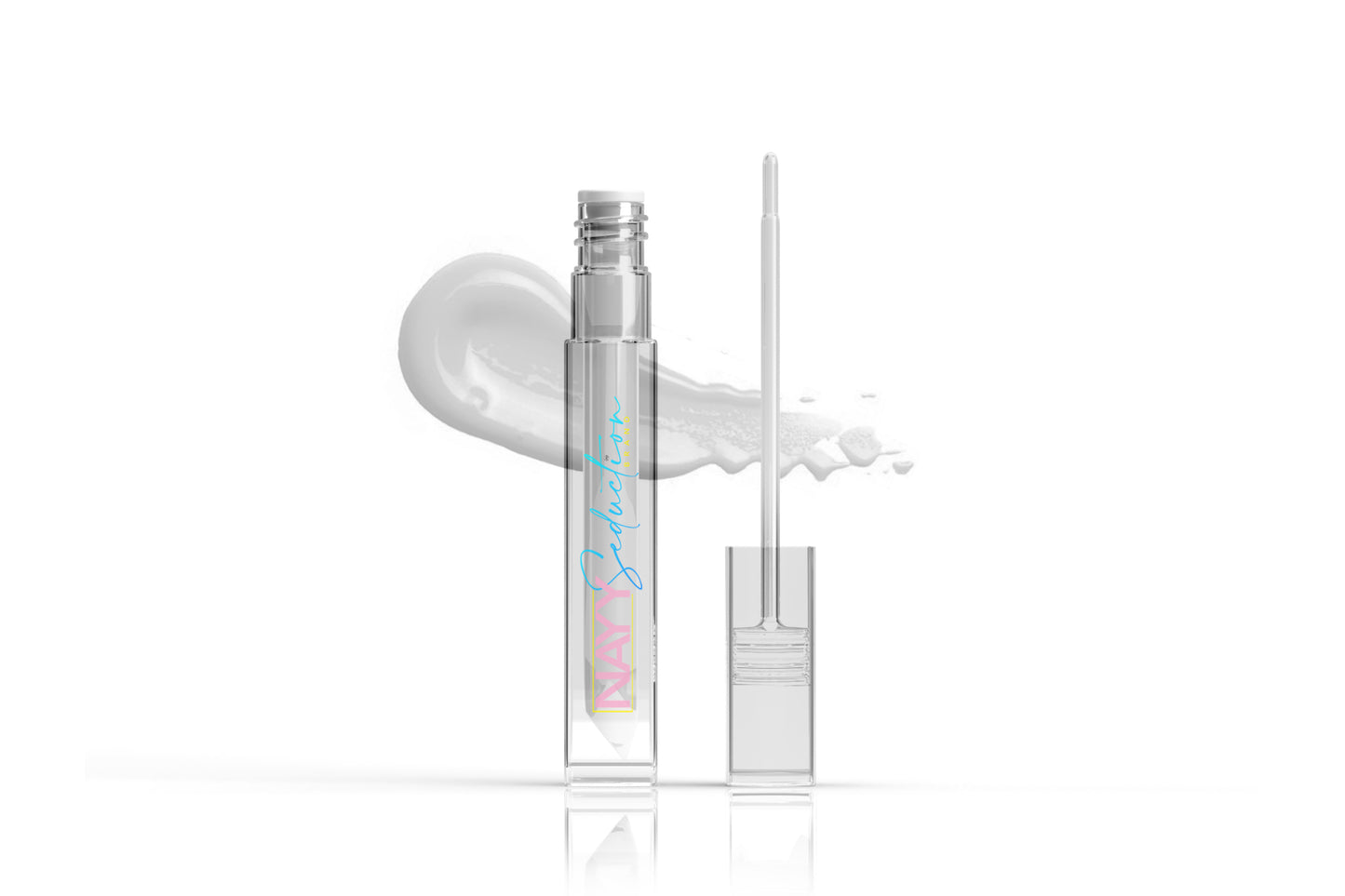 A transparent lip gloss container with white text that reads "Nayy Seduction Brand". The Lip Glaze wand is placed beside the open container, and a white swirled gloss smear, showcasing its high-shine formula, is displayed in the background.