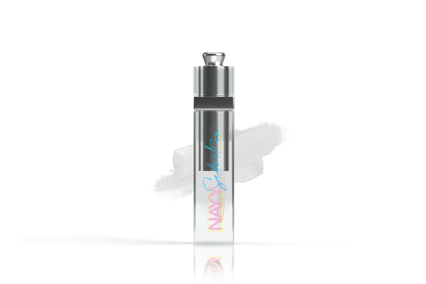 A sleek, transparent glass tube of perfume with a silver cap, labeled “NAV” in colorful letters. The tube is positioned vertically against a white paint streak on a clean white background, reminiscent of the impeccable style of a highly pigmented Lip Stain by Nayy Seduction Brand.