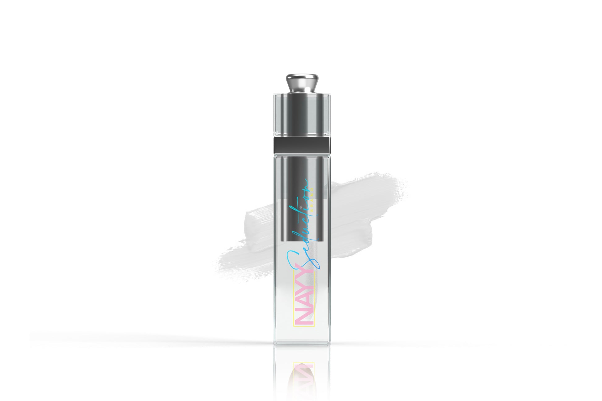 A sleek, transparent glass tube of perfume with a silver cap, labeled “NAV” in colorful letters. The tube is positioned vertically against a white paint streak on a clean white background, reminiscent of the impeccable style of a highly pigmented Lip Stain by Nayy Seduction Brand.