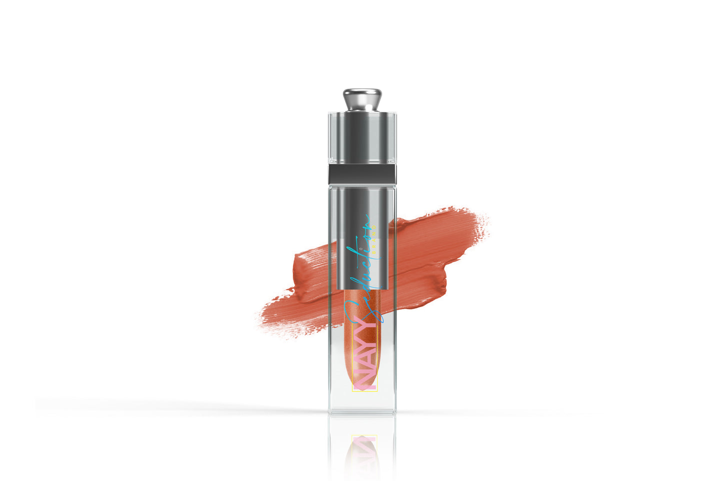 A sleek, transparent lip gloss tube with silver accents, "Nayy Seduction Brand" text, and a peachy-pink smear of long-lasting Lip Stain in the background. The gloss wand is concealed, showcasing the product's sophisticated and modern design.