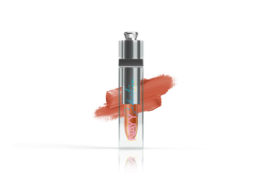 A sleek, transparent lip gloss tube with silver accents, "Nayy Seduction Brand" text, and a peachy-pink smear of long-lasting Lip Stain in the background. The gloss wand is concealed, showcasing the product's sophisticated and modern design.