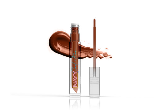 A tube of Lip Glaze with the label "NAVY" from Nayy Seduction Brand is shown against a white background. The Lip Glaze, boasting a vegan high-shine formula, is a rich brown color. The applicator wand is displayed next to the tube with a smear of the Lip Glaze behind both items.