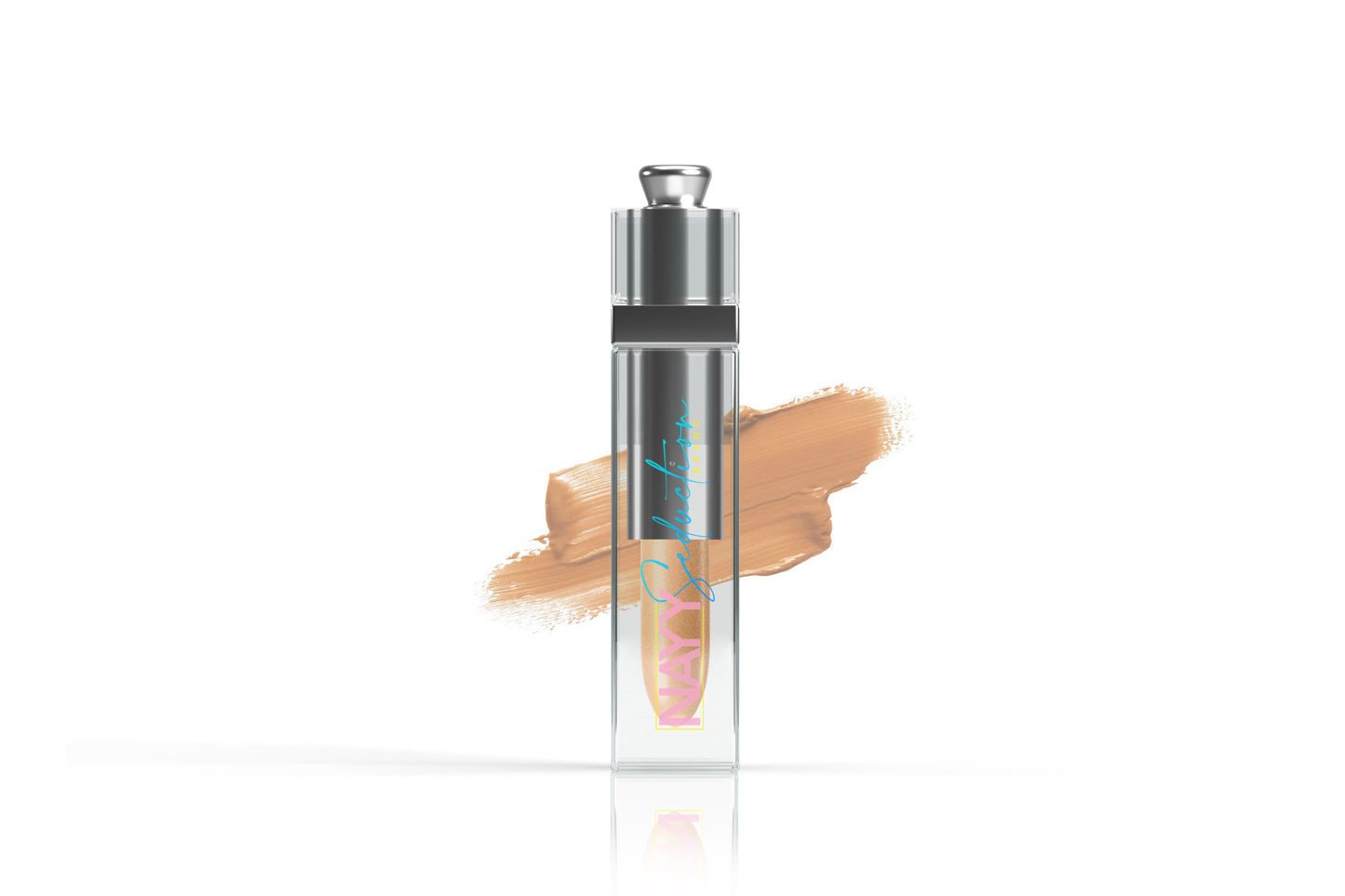 A sleek, transparent tube of Nayy Seduction Brand Lip Stain with a metallic cap is displayed against a white background. A smear of beige lip stain is shown behind the tube, showcasing the product's color. The tube features iridescent text reminiscent of a highly pigmented lip stain.