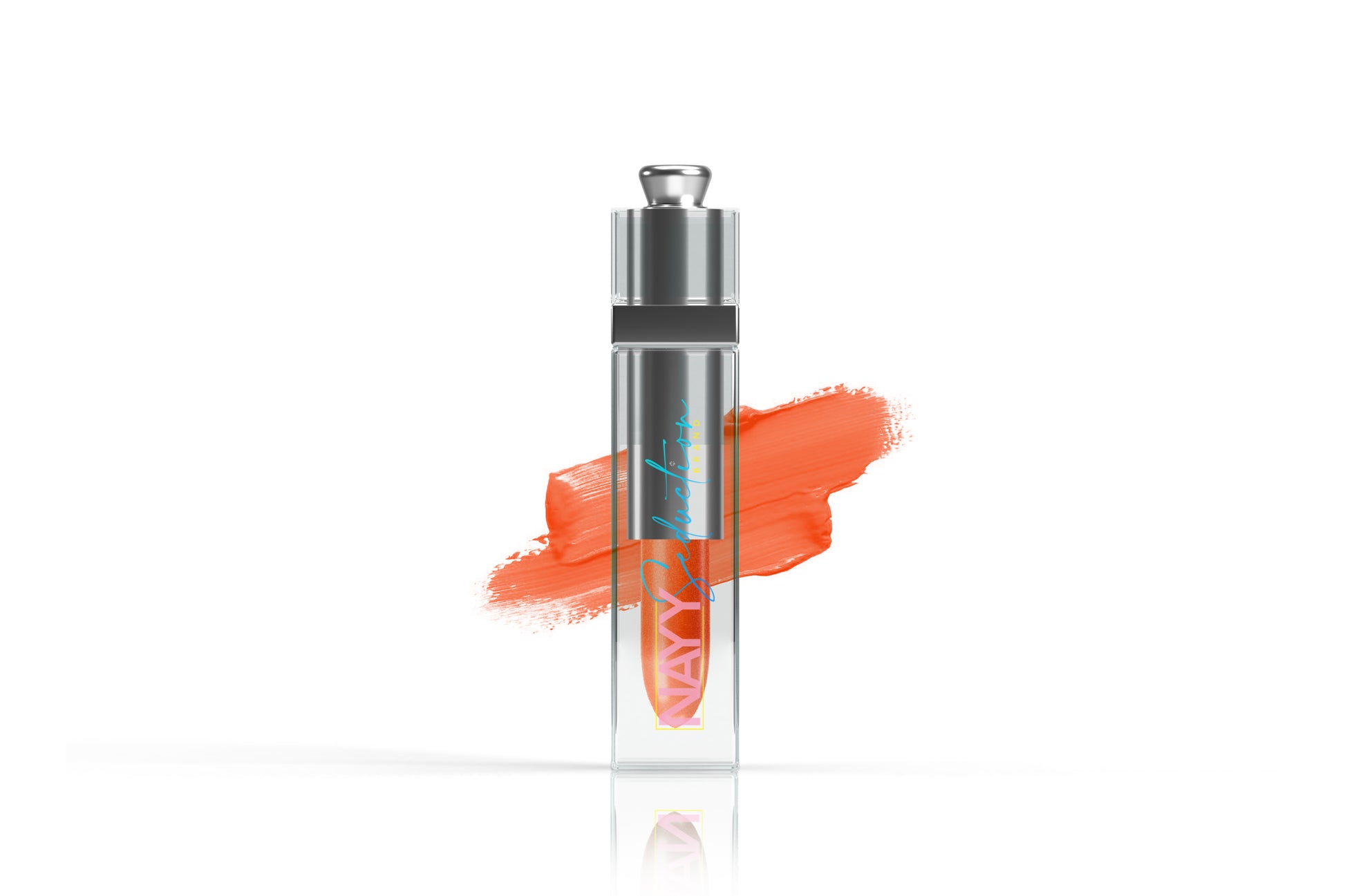 A transparent rectangular bottle of Nayy Seduction Brand Lip Stain with a silver cap, standing upright. The bottle has light blue text printed in a vertical orientation. Behind it, there's an orange, paint-like brush stroke reminiscent of a highly pigmented lip stain. The background is white and minimalistic.