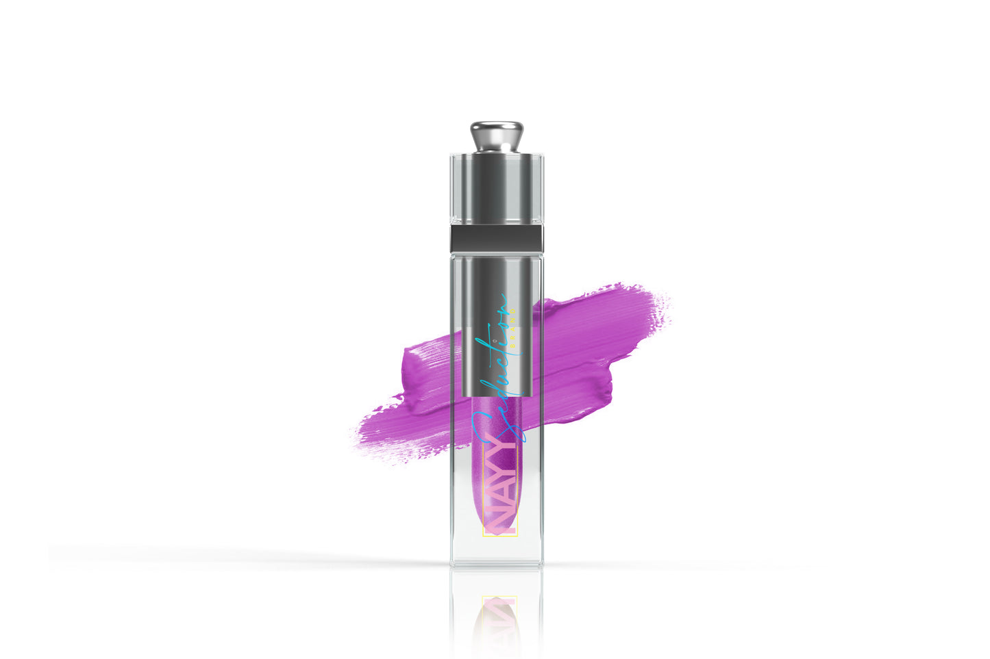 A clear, rectangular tube of Lip Stain from Nayy Seduction Brand stands upright, featuring a silver cap and a vibrant, purple splash of color behind it. The product's branding and an angled band of color are visible on the tube. The long-lasting lip stain reflects a slight shine.