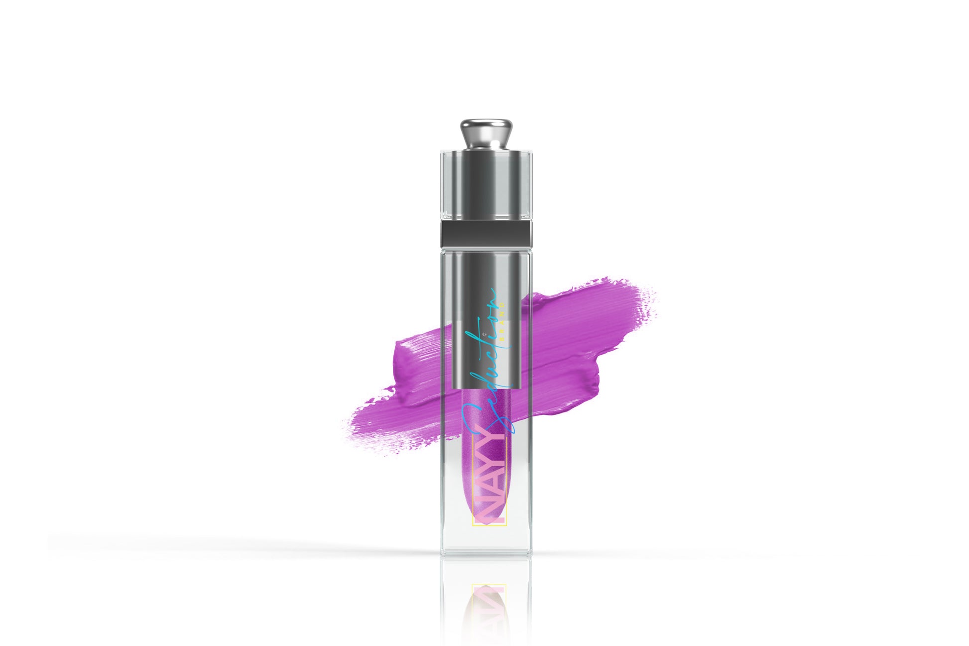 A clear, rectangular tube of Lip Stain from Nayy Seduction Brand stands upright, featuring a silver cap and a vibrant, purple splash of color behind it. The product's branding and an angled band of color are visible on the tube. The long-lasting lip stain reflects a slight shine.