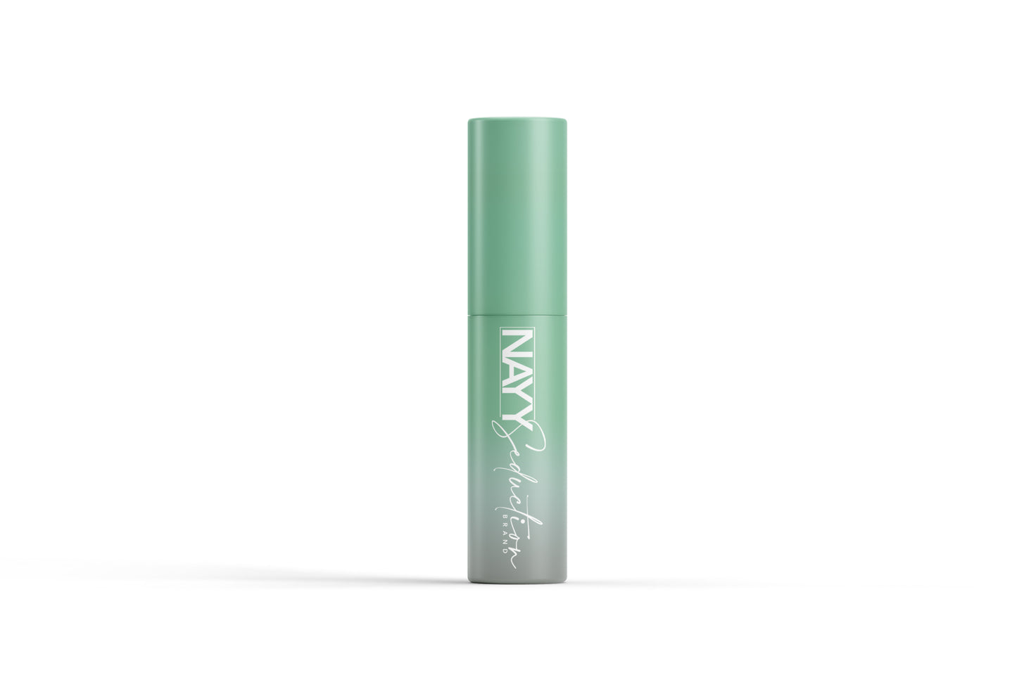A mint green cylindrical cosmetic product with a screw cap, labeled "Nayy Seduction Brand" in white text, is standing upright against a white background. This moisturizing lip gloss, named Marley Gloss, not only enhances your lips but also provides anti-inflammatory lip care benefits.