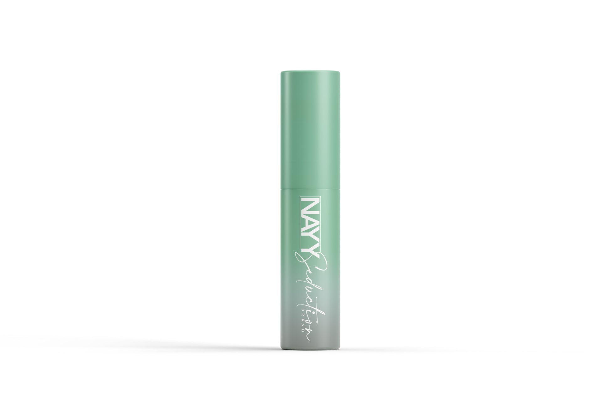 A mint green cylindrical cosmetic product with a screw cap, labeled "Nayy Seduction Brand" in white text, is standing upright against a white background. This moisturizing lip gloss, named Marley Gloss, not only enhances your lips but also provides anti-inflammatory lip care benefits.